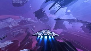 a futuristic spaceship flies through the wreck of a giant structure