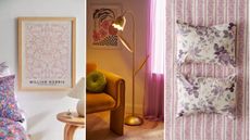 Spring Urban Outfitters bedroom drops including a pink floral picture, a tulip floor lamp, and purple rosy pillow cases