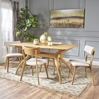 Christopher Knight Home Nissie Mid-Century Wood Dining Set With Fabric Chairs, 5-Pcs Set, Natural Oak Finish / Light Beige