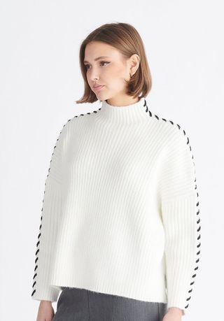 Contrast Whipstitch Jumper In White by PAISIE