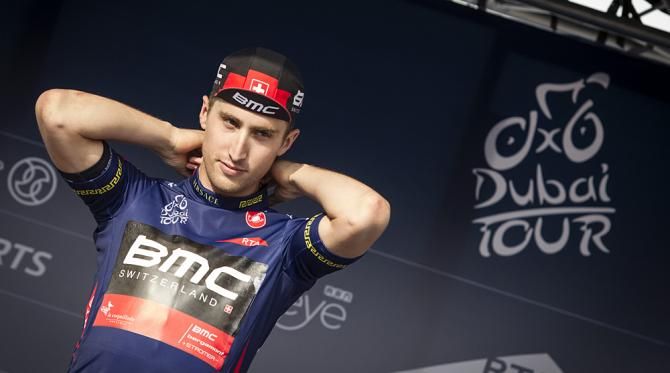 Taylor Phinney (BMC) zips up the leader's jersey
