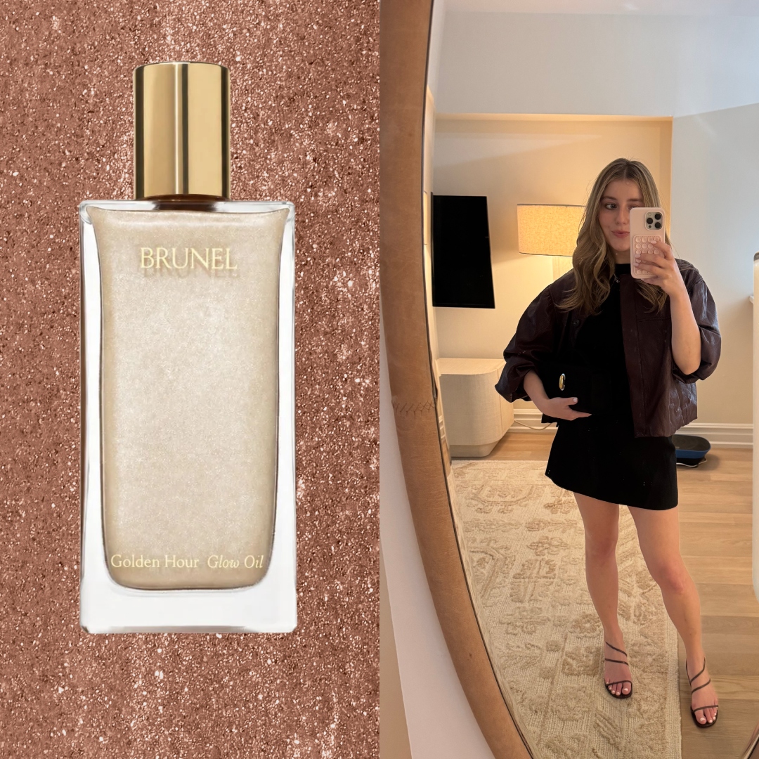 samantha holender on a shimmer background with a glitter body oil