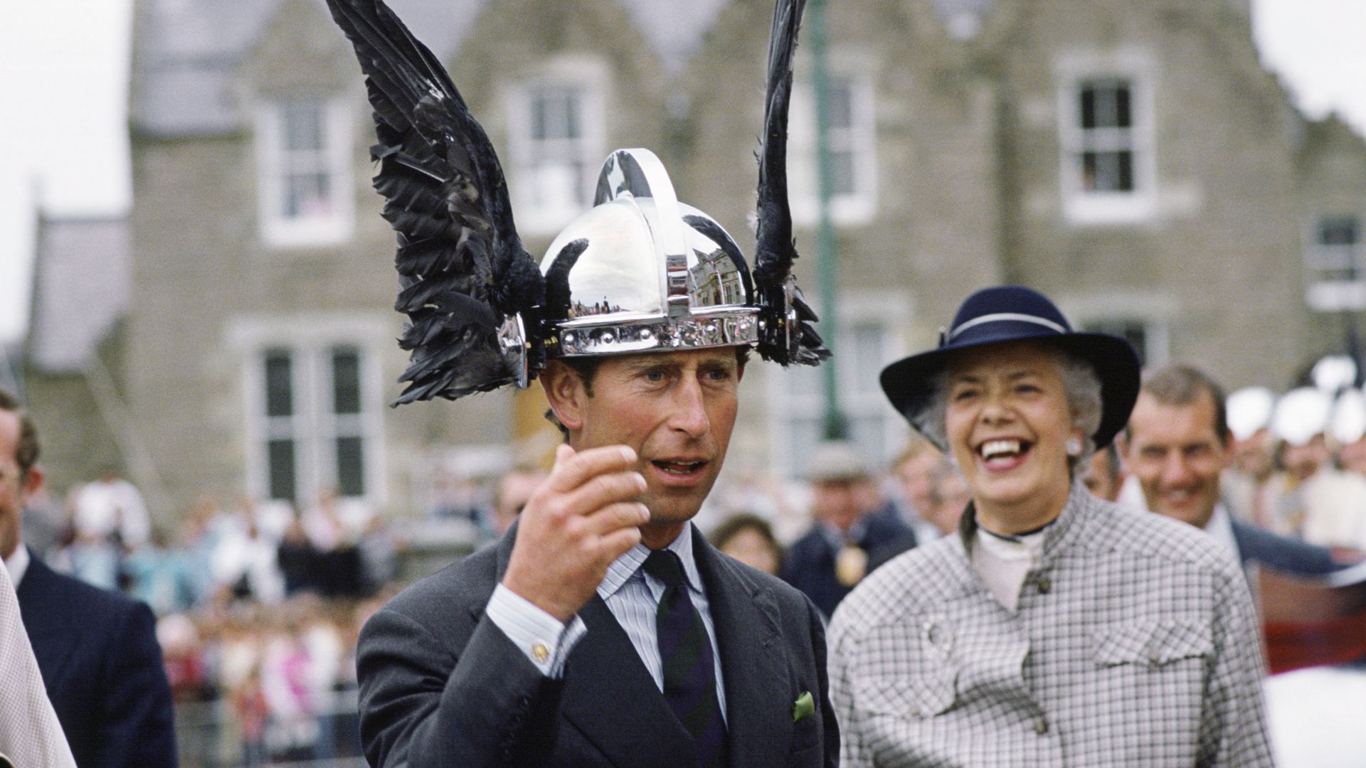 King Charles wearing a Viking hat.