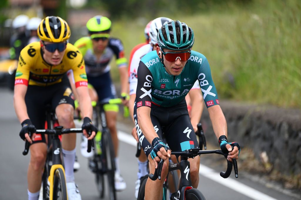 ETNA PIAZZALE RIFUGIO SAPIENZA ITALY MAY 10 Lennard Kmna of Germany and Team Bora Hansgrohe competes in the breakaway during the 105th Giro dItalia 2022 Stage 4 a 172km stage from Avola to Etna Piazzale Rifugio Sapienza 1899m Giro WorldTour on May 10 2022 in Etna Piazzale Rifugio Sapienza Italy Photo by Tim de WaeleGetty Images