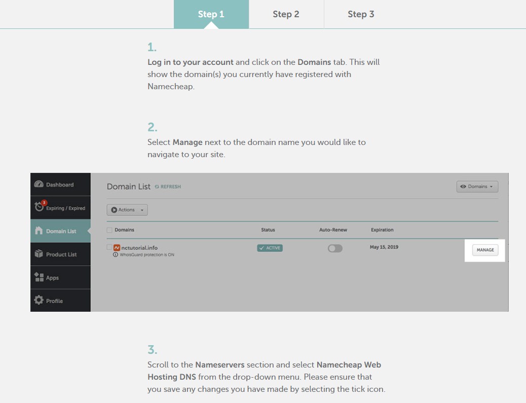 An image showing Namecheap's tutorial for connecting a domain