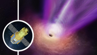 (Main) An illustration of the supermassive black hole M87* (Inset) the NASA/JAXA mission XRISM