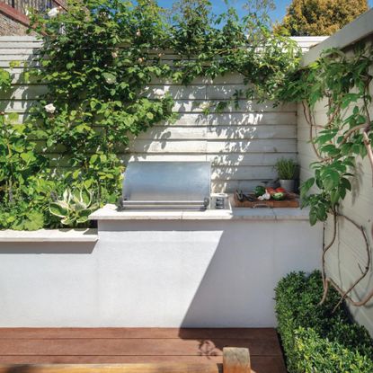 Wall beside raised beds with a stainless steel barbeque inset, roses and fig growing up sheds. Susan and Henry Parker's garden at their four bedroom Victorian house in Fulham, London.
