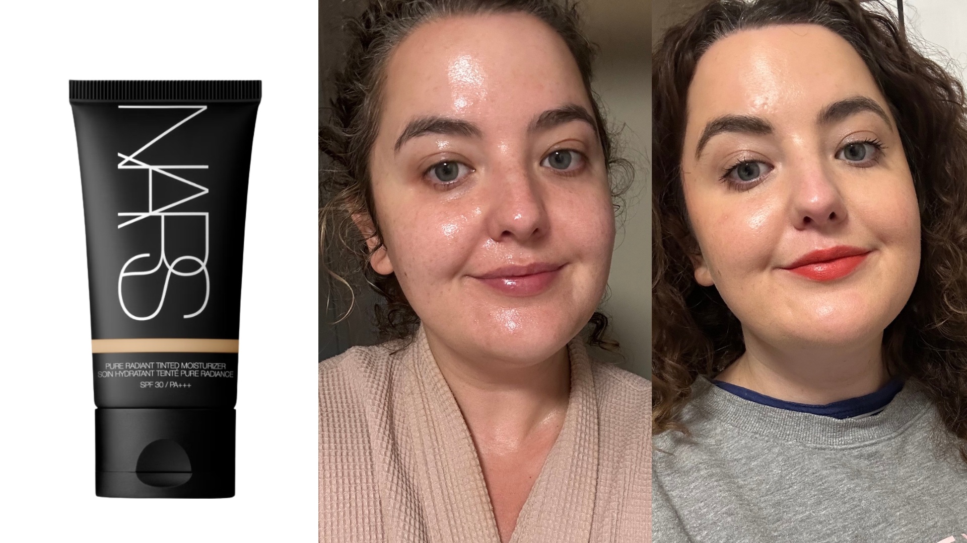 On the left is a product shot of the NARS Pure Radiant Tinted Moisturiser SPF 30 PA+++ on a white background, followed by a before and after picture of Senior Beauty Editor Rhiannon Derbyshire without makeup and then wearing the NARS foundation, along with a full face of makeup.