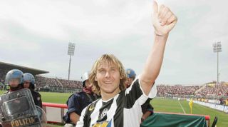 LIVORNO, ITALY - MAY 22: Pavel Nedved of Juventus celebrates at the end of the Serie A match between Livorno and Juventus at Armando Picchi, May 22, 2005 in Livorno, Italy. (Photo by Newpress/Getty Images)