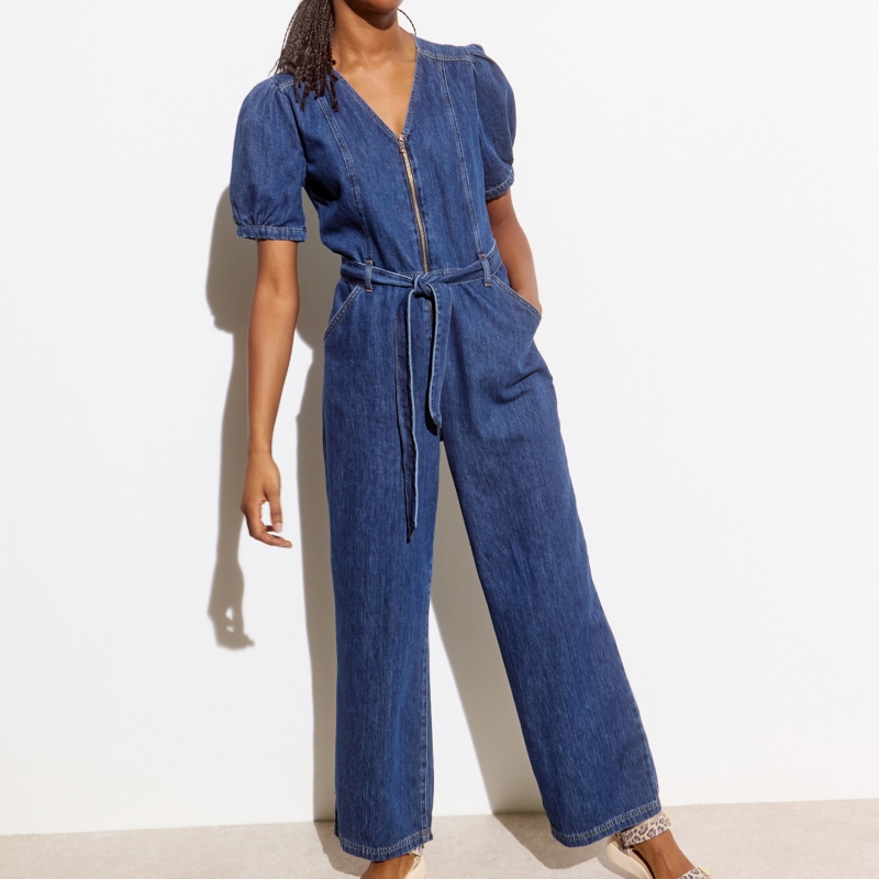 Dark Blue Denim Zip Up V-Neck Jumpsuit | Oliver Bonas