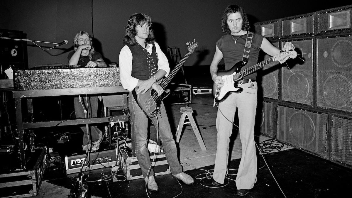 Keyboard player David Stone, bassist Bob Daisley and guitarist Ritchie Blackmore from rock band Rainbow play at World Stage rehearsal studio in Los Angeles in June 1977. 