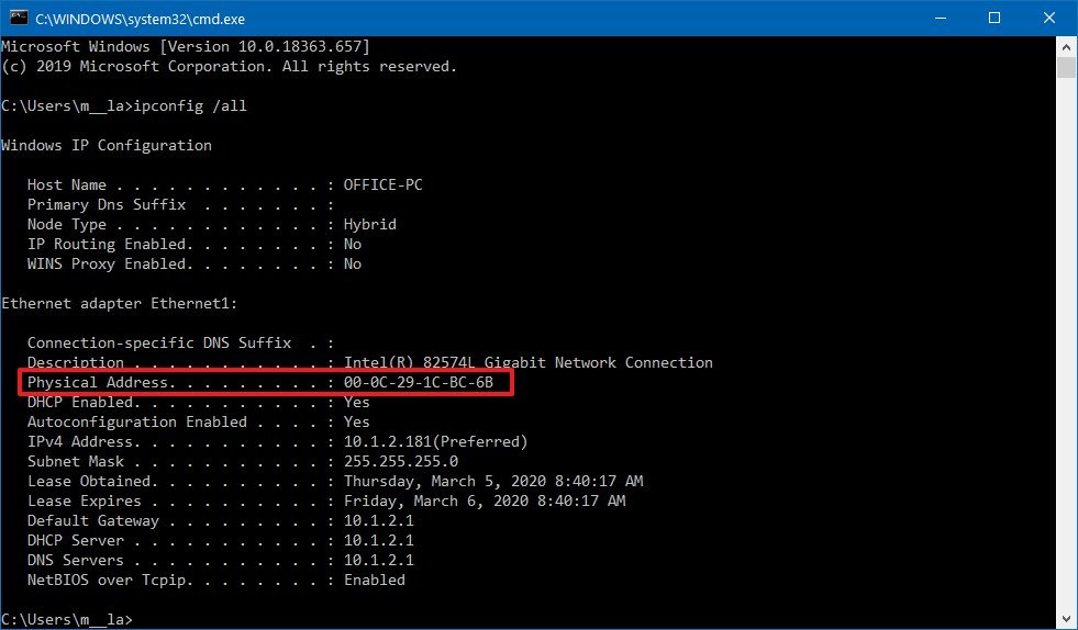 Command Prompt MAC address information