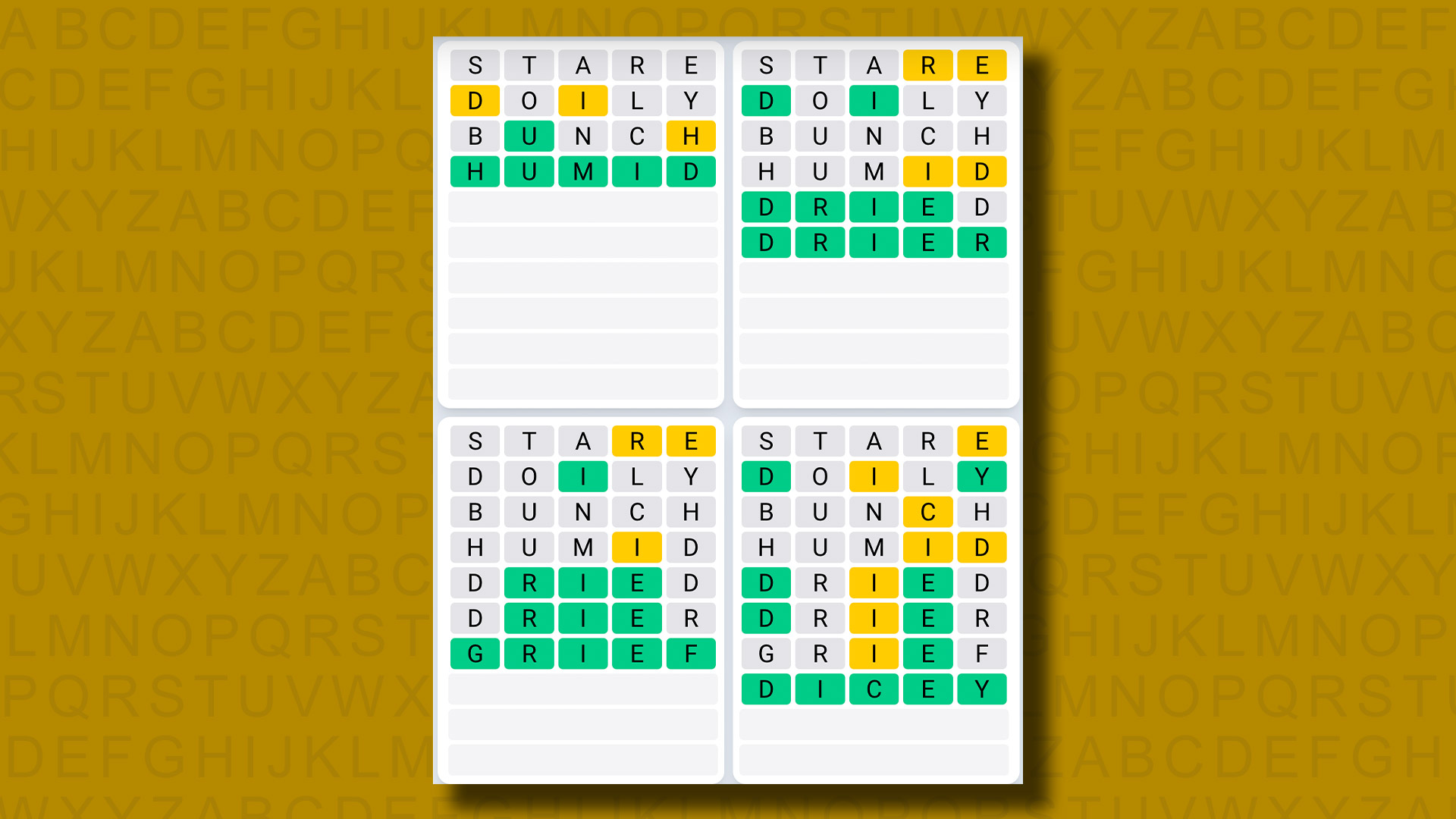 Quordle Daily Sequence answers for game 919 on a yellow background