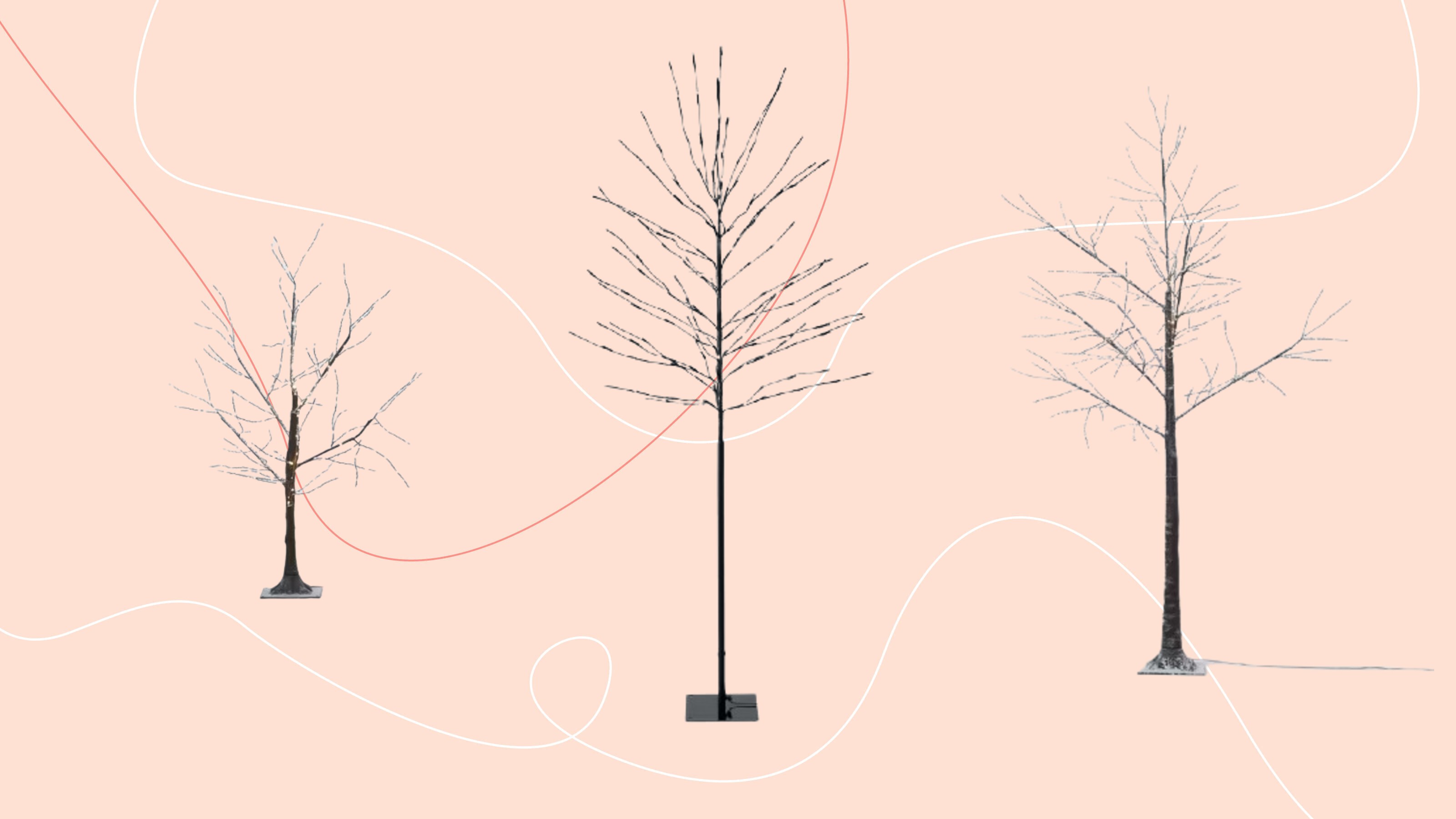 Twig Christmas trees from John Lewis on a pink background