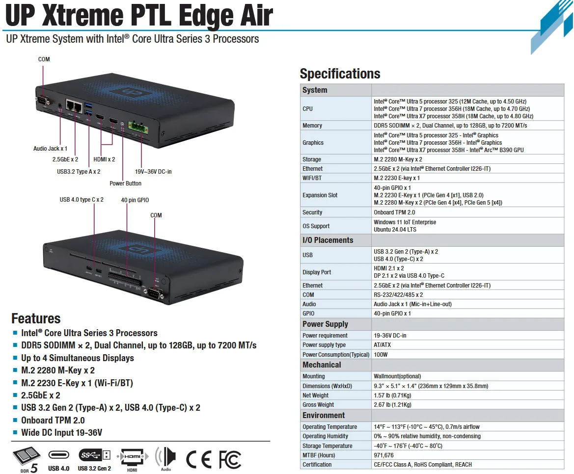 Задняя панель интерфейсов индустриального мини-ПК Aaeon Up Xtreme PTL Edge Air