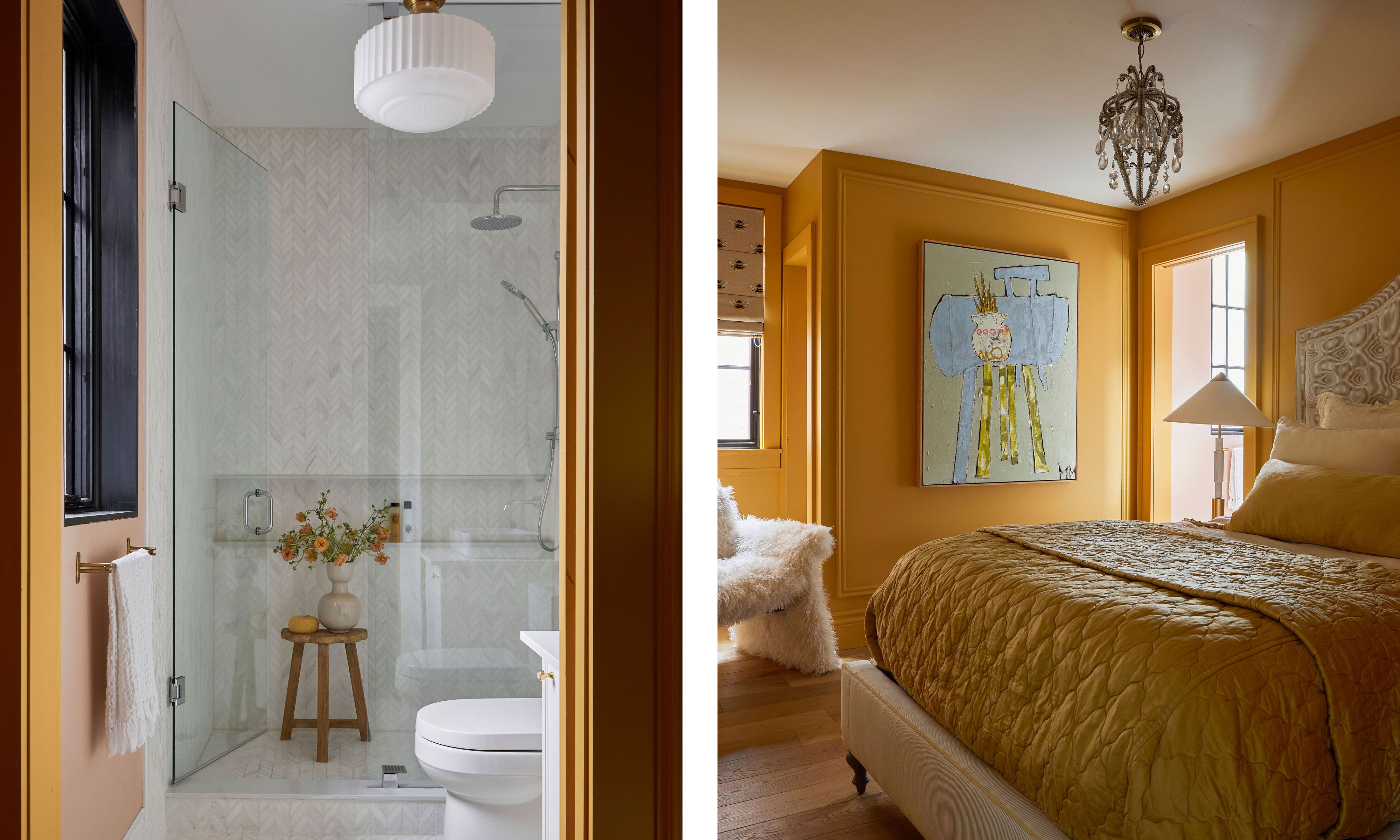 Split image on the left is an ensuite bathroom with a walk in shower and on the right is a yellow bedroom with a large bed with yellow bedding