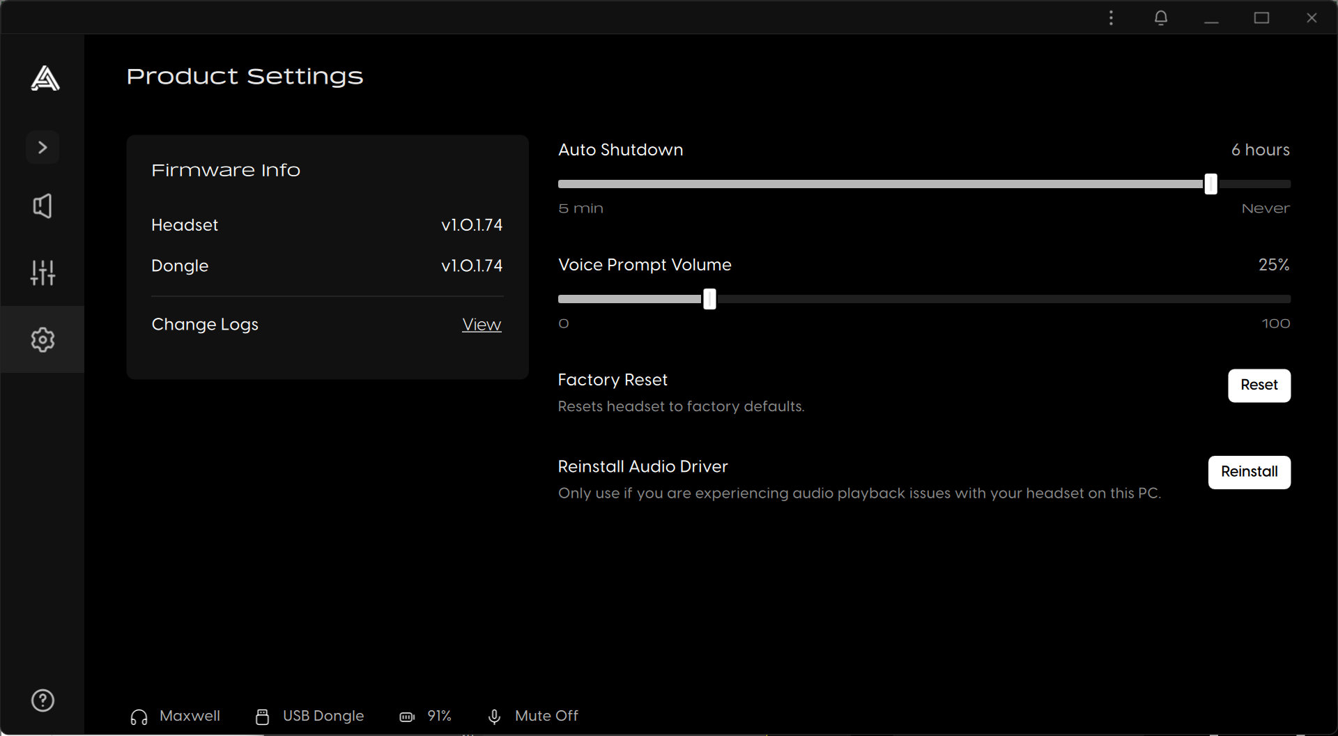A screenshot of Audeze's 2026 Windows app for configuring its audio products