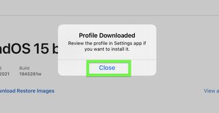 iPadOS 15 beta developer step 7 — Click Close