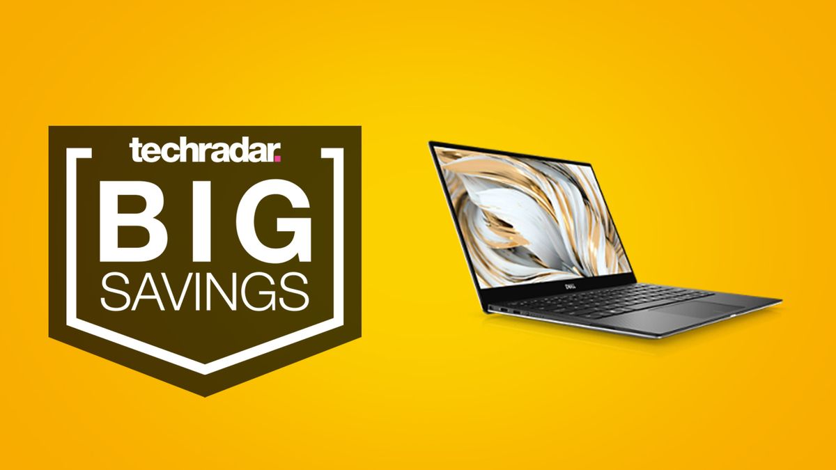 Dell XPS 13 laptop on yellow background, beside text that reads &#039;big savings&#039;