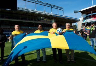 Brazil greats Jose Macia Pepe with Pele, Jose Altafini and Zito ahead of the last ever game at the Friends Arena in Stockholm in 2012.