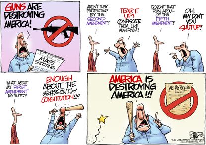 Political cartoon U.S. Las Vegas shooting gun control debate liberal constitution