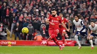 Mohamed Salah of Liverpool scores his team's second goal from the penalty-spot during the Carabao Cup Semi Final Second Leg match between Liverpool and Tottenham Hotspur at Anfield on February 06, 2025 in Liverpool, England.