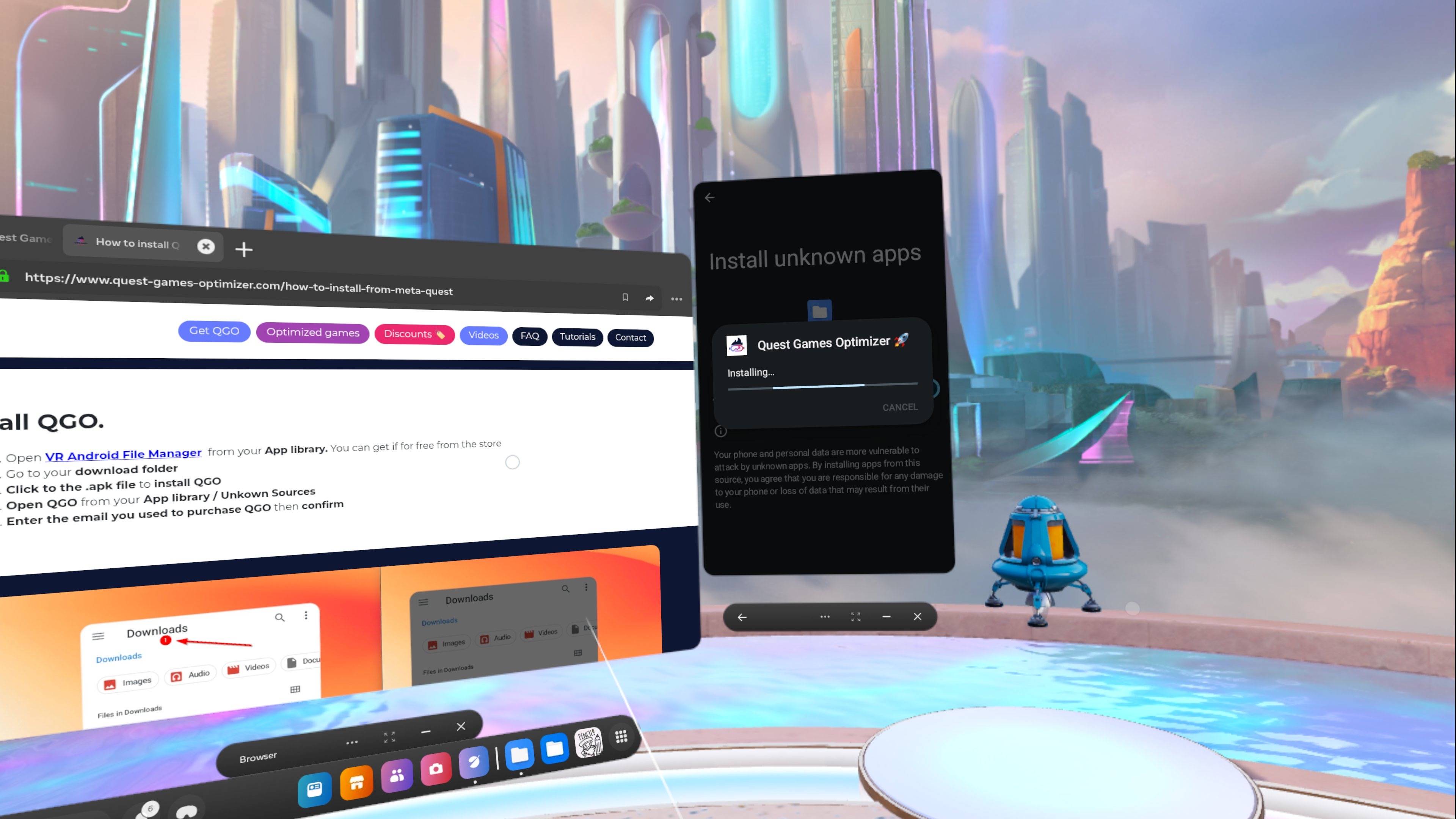 Quest Game Optimizer shown installing on Meta Quest 3 in VR