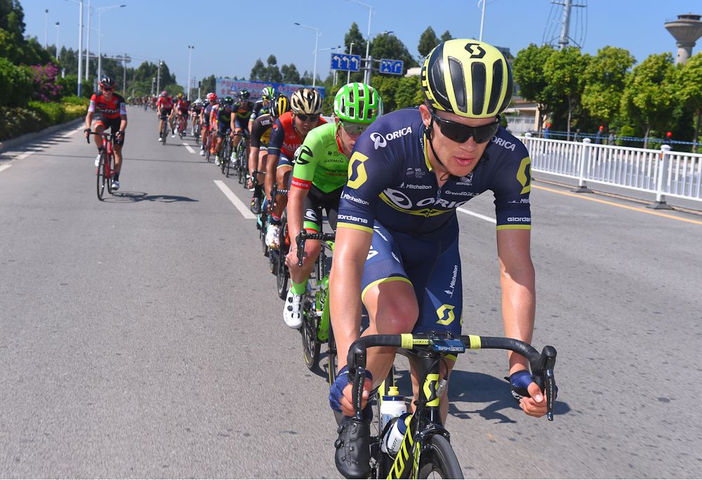 Christopher Juul Jensen pulls for Orica-Scott during stage 1 at the Tour of Guangxi