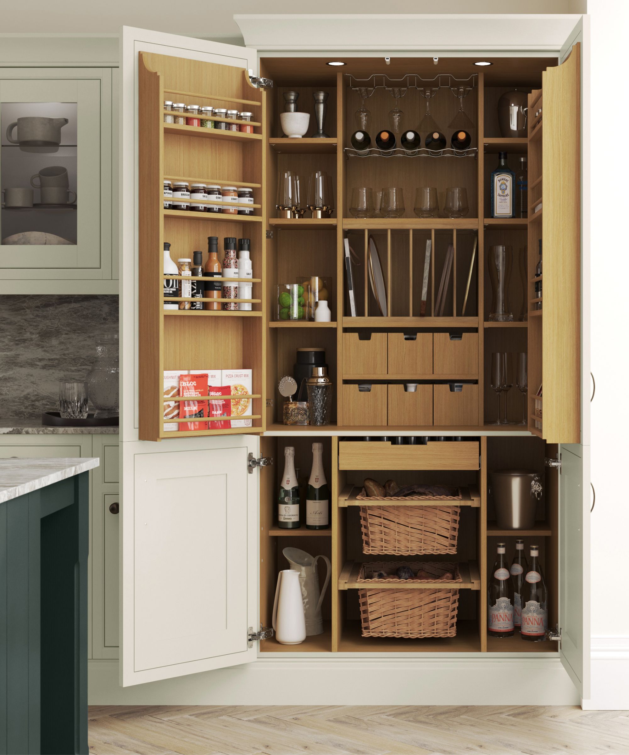 Classic built-in larder with painted cabinetry, oak interiors, spice racks, wine storage, drawers, and baskets, offering beautifully structured, high-capacity storage.