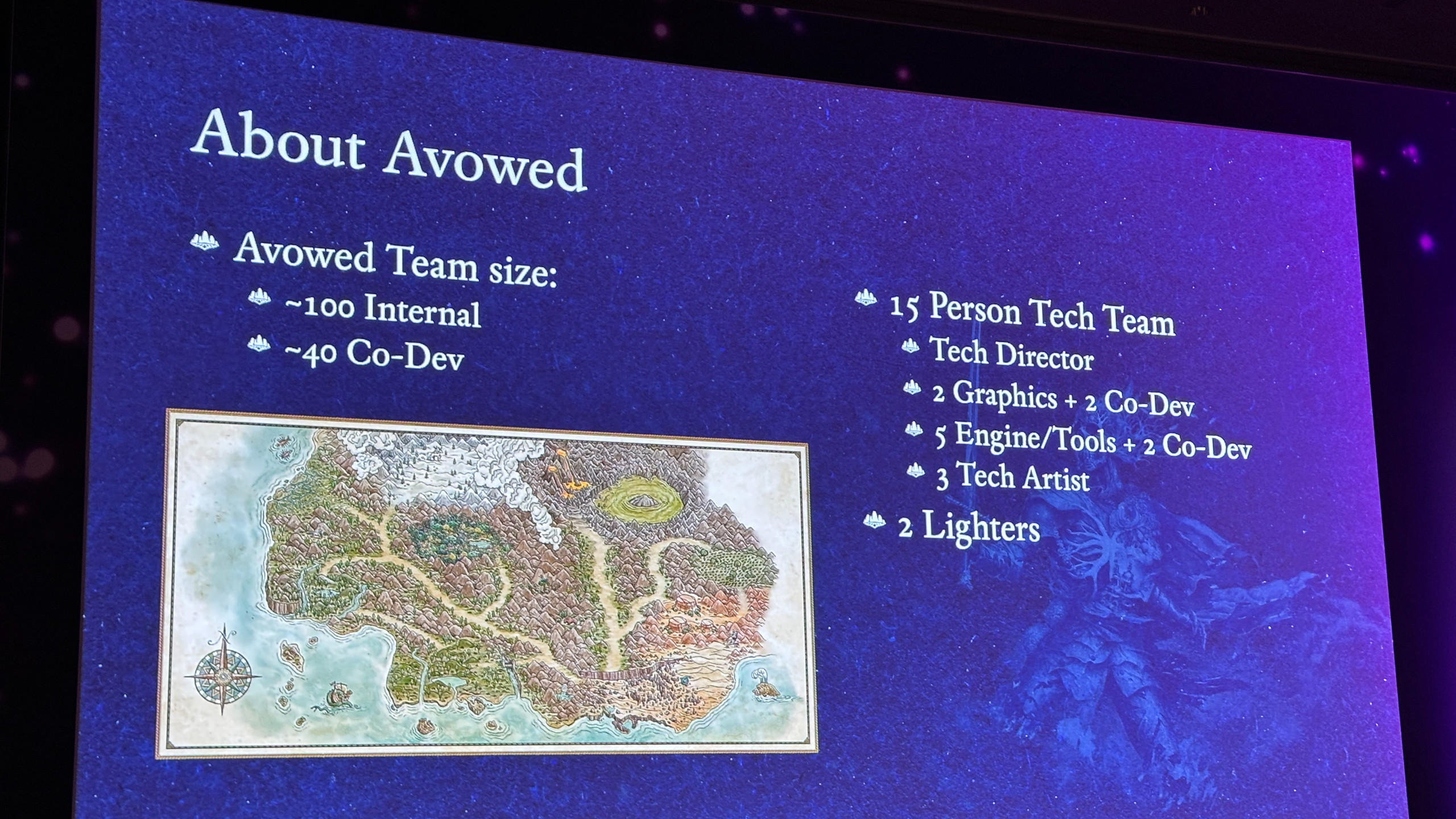 A photo of a presentation slide from Obsidian Entertainment, explaining some of the development aspects of its 2025 game, Avowed