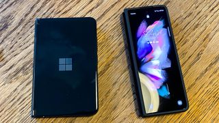 Microsoft surface duo next to a Galaxy Z Fold 3