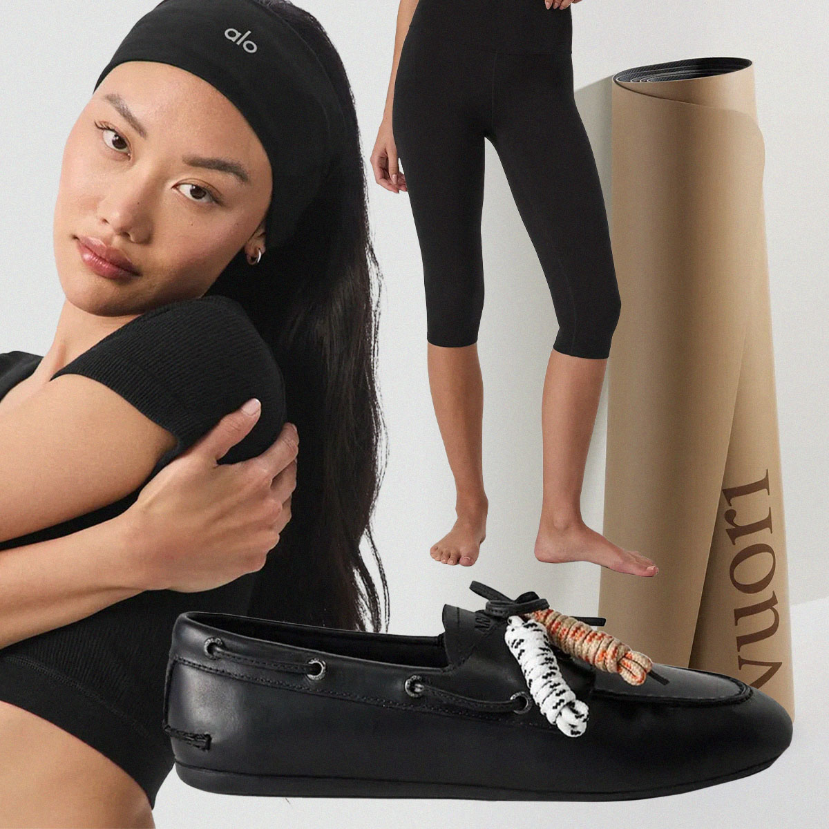 Collage of headband, boat shoes, capri leggings, and yoga mat