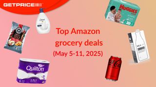 Pink background with red GetPrice logo on top left corner and red text in the middle that says 'Top Amazon groceries deals (April 5-11, 2025) with scattered images of grocery items around it
