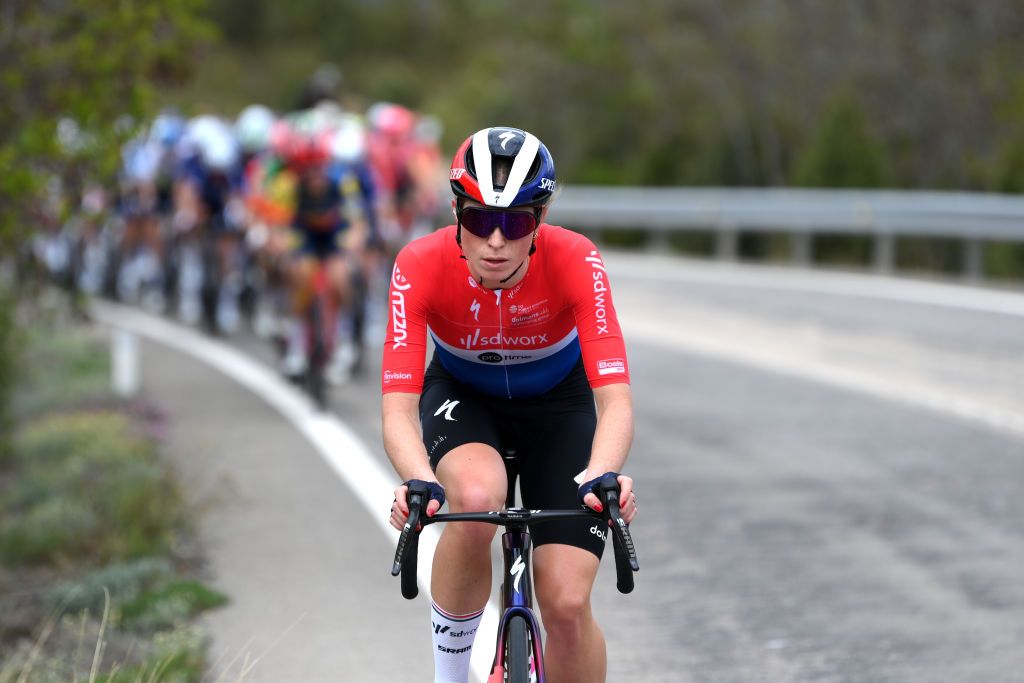 TERUEL SPAIN APRIL 30 Demi Vollering of The Netherlands and Team SD Worx Protime leads the peloton during the 10th La Vuelta Femenina 2024 Stage 3 a 1303km stage from Lucena del Cid to Teruel UCIWWT on April 30 2024 in Teruel Spain Photo by Alex BroadwayGetty Images
