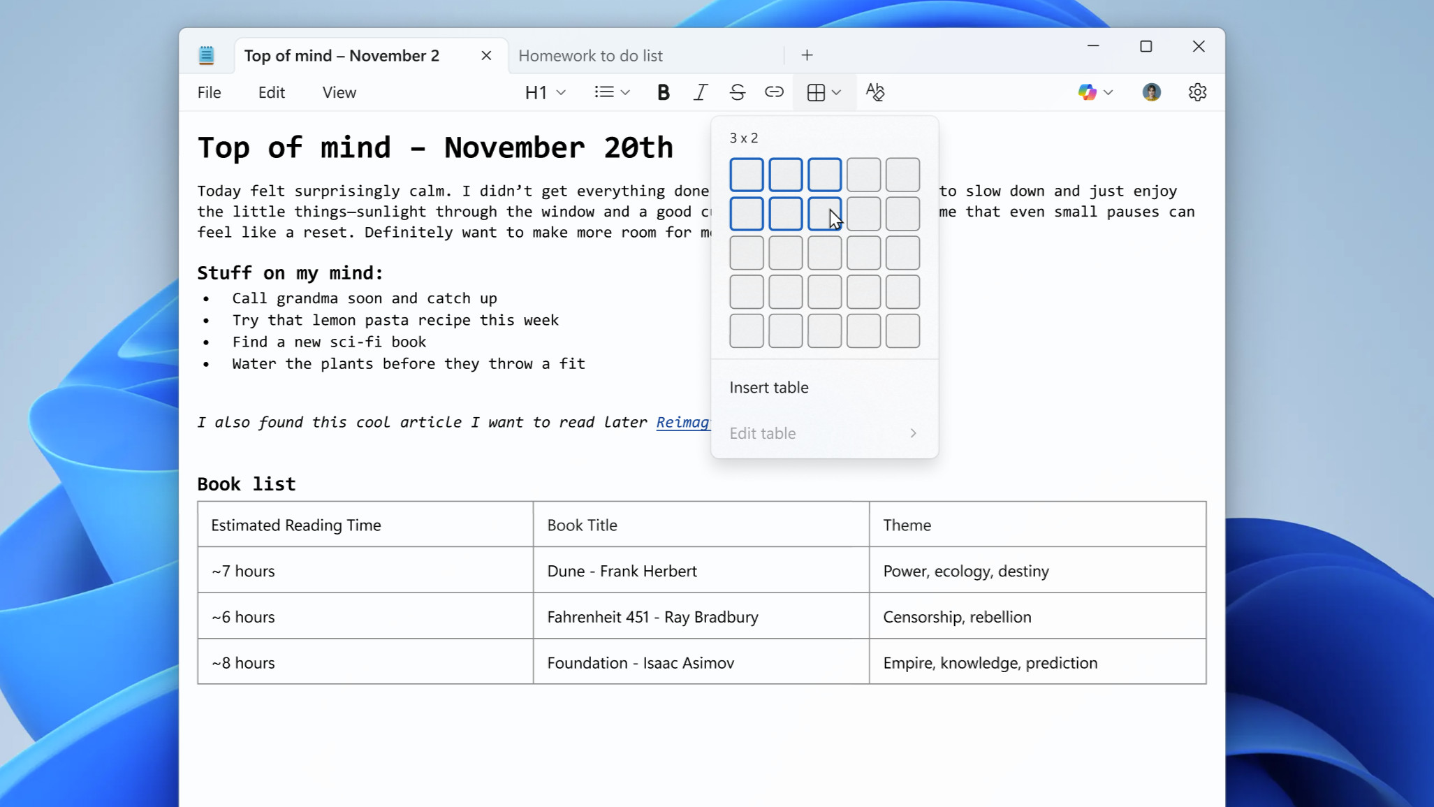 Windows 11 Notepad Tables