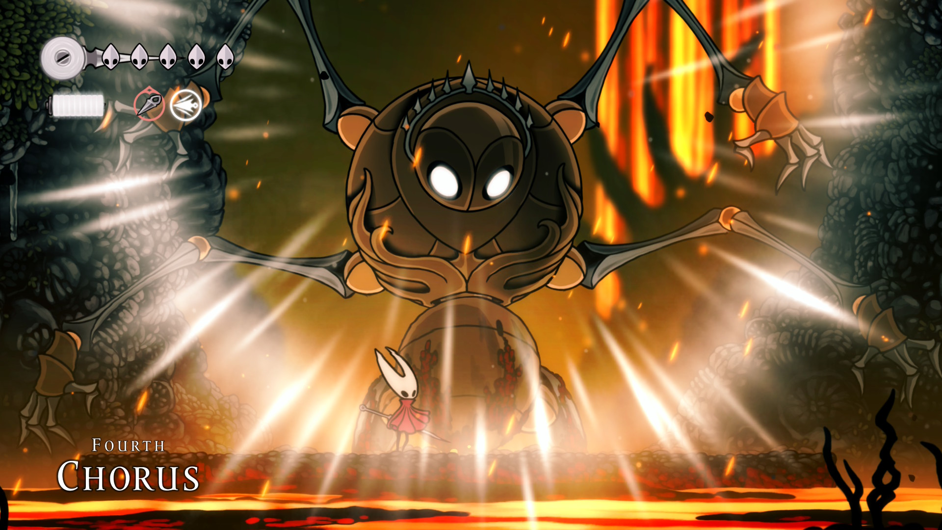 The Fourth Chorus boss in Hollow Knight: Silksong, a mechanical many-armed creature, roars as the boss fight begins