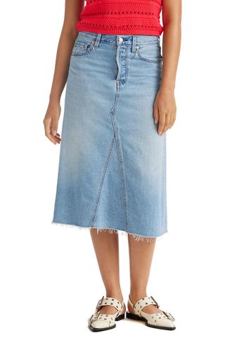 High Waist Decon Denim Midi Skirt