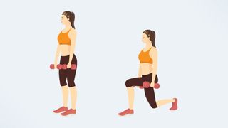 an illustration of a woman doing a reverse lunge with dumbbells