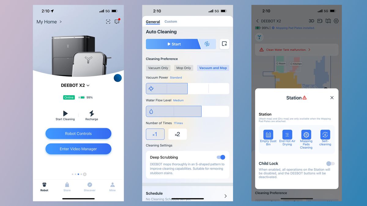 Companion app screenshots from Ecovacs Deebot X2 Omni robot vacuum