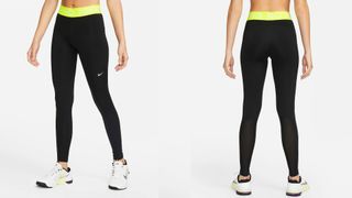 Nike Pro leggings in black with yellow waistband, worn by model, front and back views