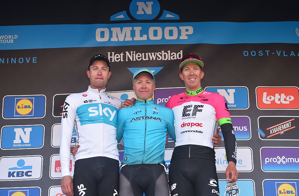 The final podium at Omloop Het Nieuwsblad Elite 2018