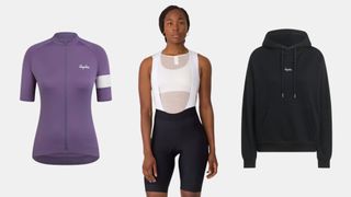 A collection of Rapha clothing, one of the best British sportswear brands, including bibs, jersey, and hoodie