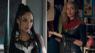 Tessa Thompson in Thor: Love and Thunder and Brie Larson in Ms. Marvel