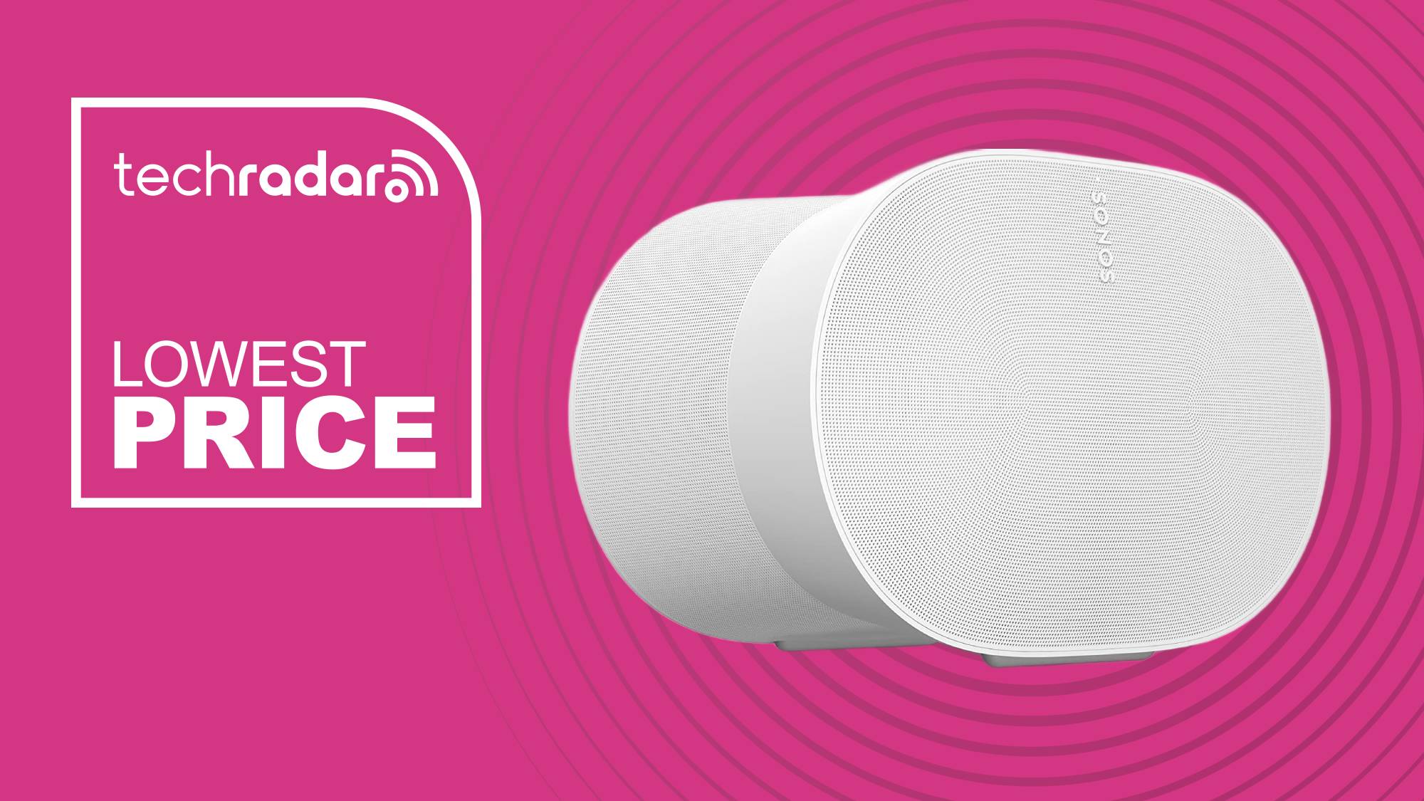 The Sonos Era 300 on a magenta background featuring the words &#039;Lowest price&#039;.
