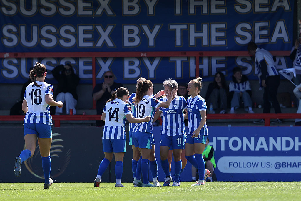Kiko Seike of Brighton &amp;amp; Hove Albion celebrates after scoring against Manchester City in the WSL at Broadfield Stadium on April 25, 2026 in Crawley, England.