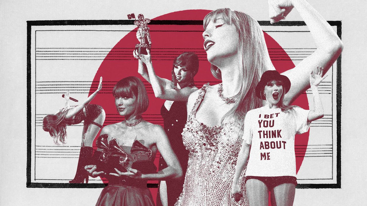 Photo collage of Taylor Swift performing on tour, collecting awards, and wearing a top that says &quot;I bet you think about me&quot;