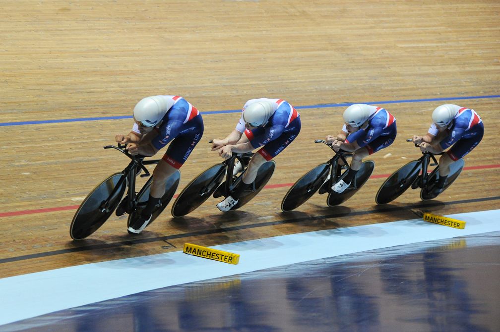 Steven Burke, Edward Clancy, Oliver Wood and Kian Emadi of Great Britain compete in the Mens Final Pursuit
