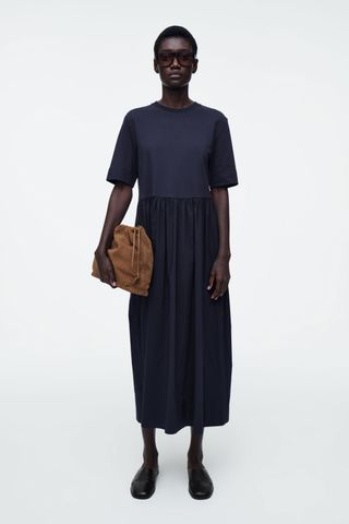 Contrast-Panel Midi Dress