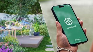 Attractive backyard in full bloom split with a woman holding a mobile phone displaying the ChatGPT logo