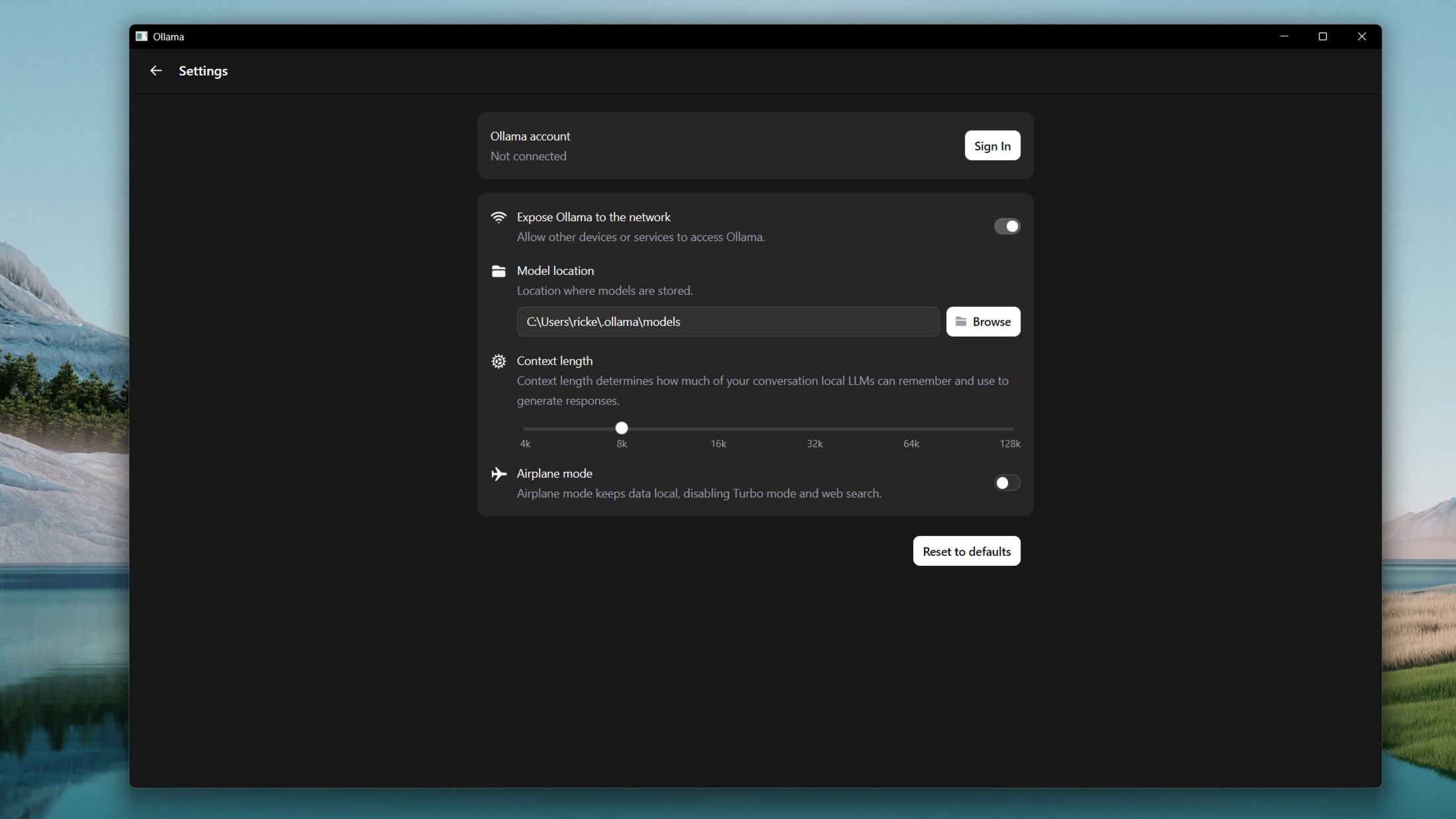 Changing context length in the Ollama GUI app.